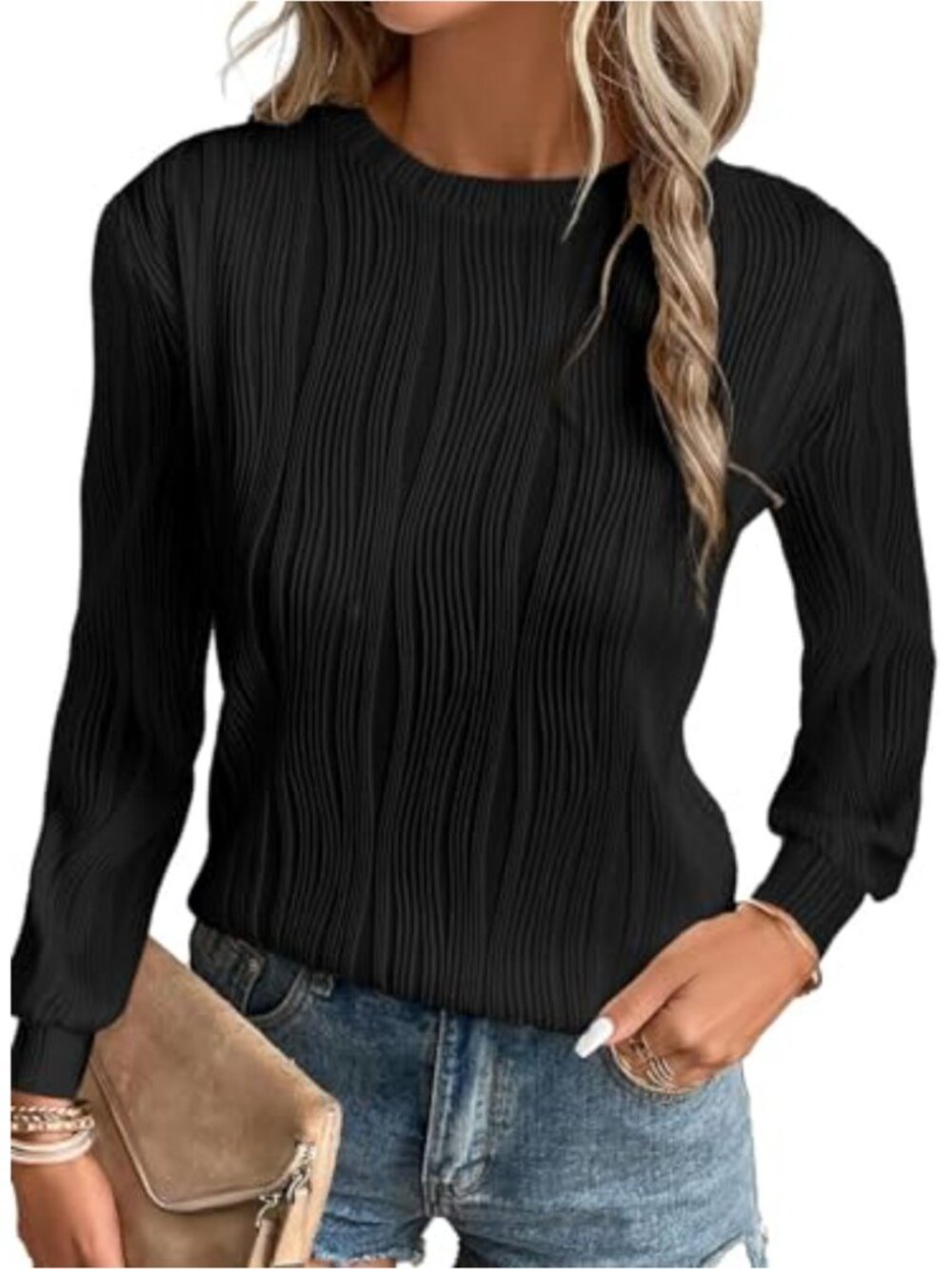 Womens Knit Pullover Top Long Sleeve Crewneck Loose Fit Textured Casual Blouse
